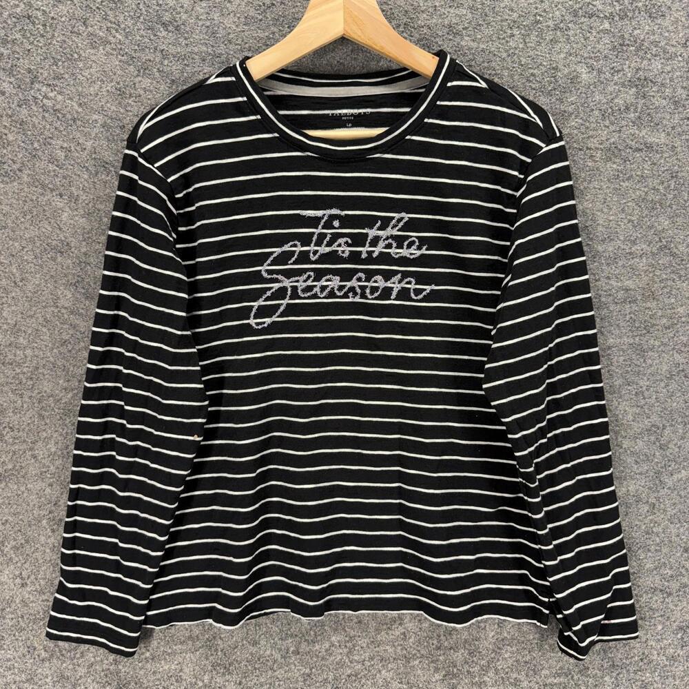 Talbots T-Shirt Women PL Petite Black Striped Long Sleeve Round Neck Cotton